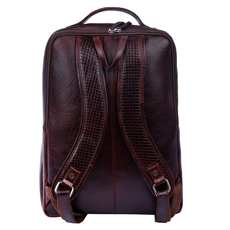 MarkStyling – Textured Burgundy Leather Backpack with Center Zipper and Embossed Design