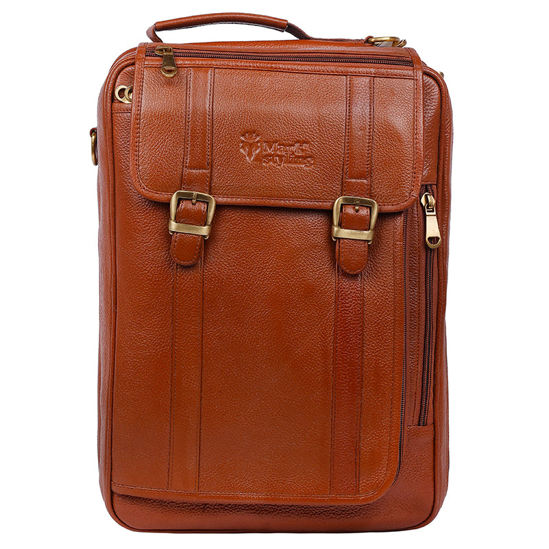 MarkStyling – Vintage Tan Leather Backpack with Dual Buckle Flap