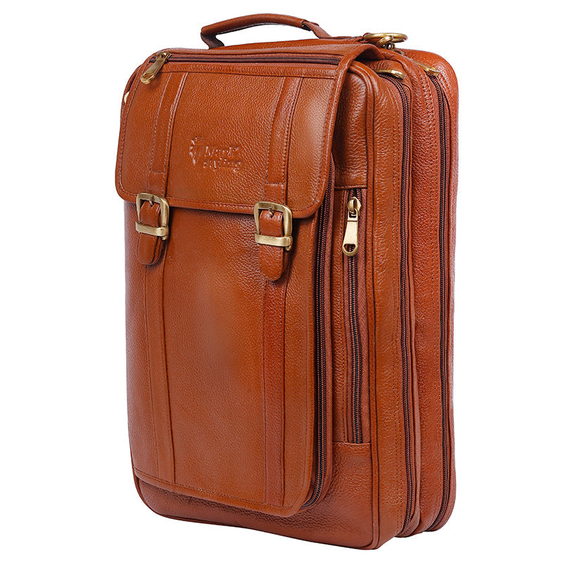MarkStyling – Vintage Tan Leather Backpack with Dual Buckle Flap
