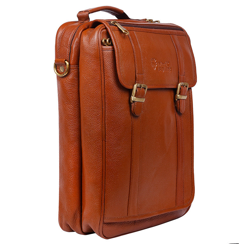 MarkStyling – Vintage Tan Leather Backpack with Dual Buckle Flap