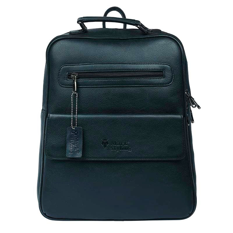 MarkStyling – Classic Black Leather Backpack with Top Handle and Front Pocket