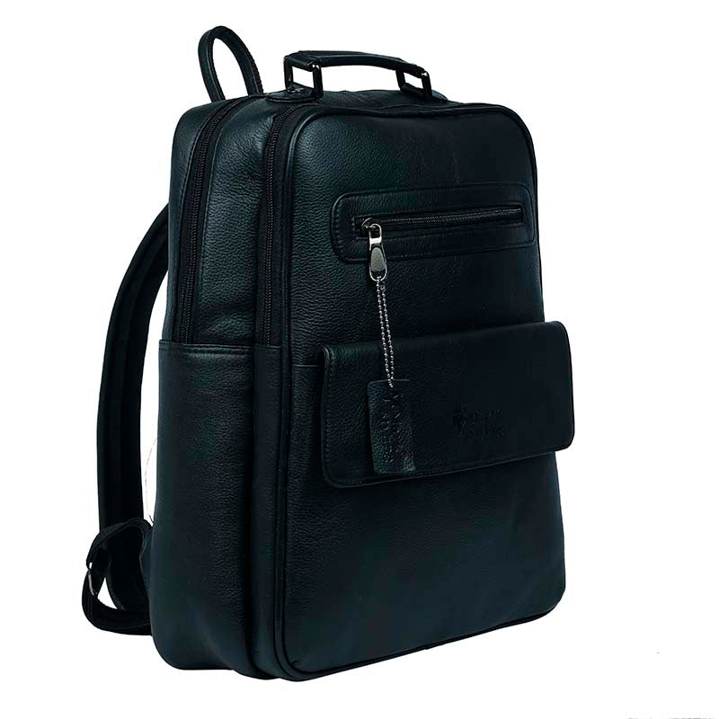 MarkStyling – Classic Black Leather Backpack with Top Handle and Front Pocket