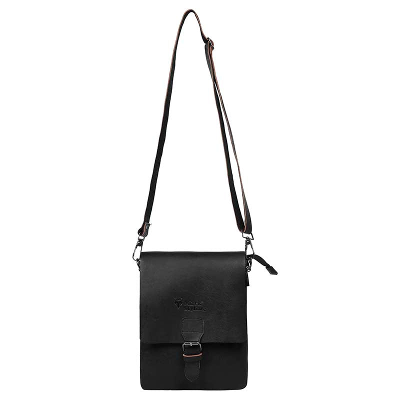 MarkStyling – Vintage Black Leather Sling with Front Buckle Flap Closure