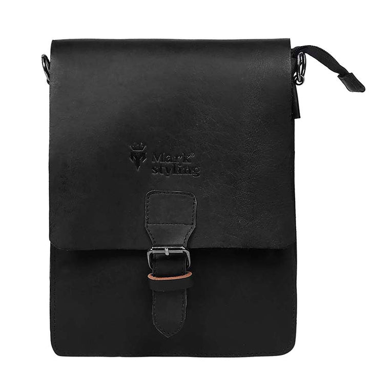 MarkStyling – Vintage Black Leather Sling with Front Buckle Flap Closure