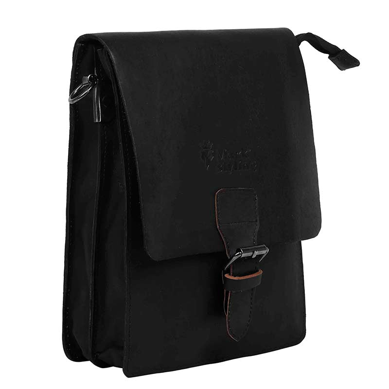MarkStyling – Vintage Black Leather Sling with Front Buckle Flap Closure