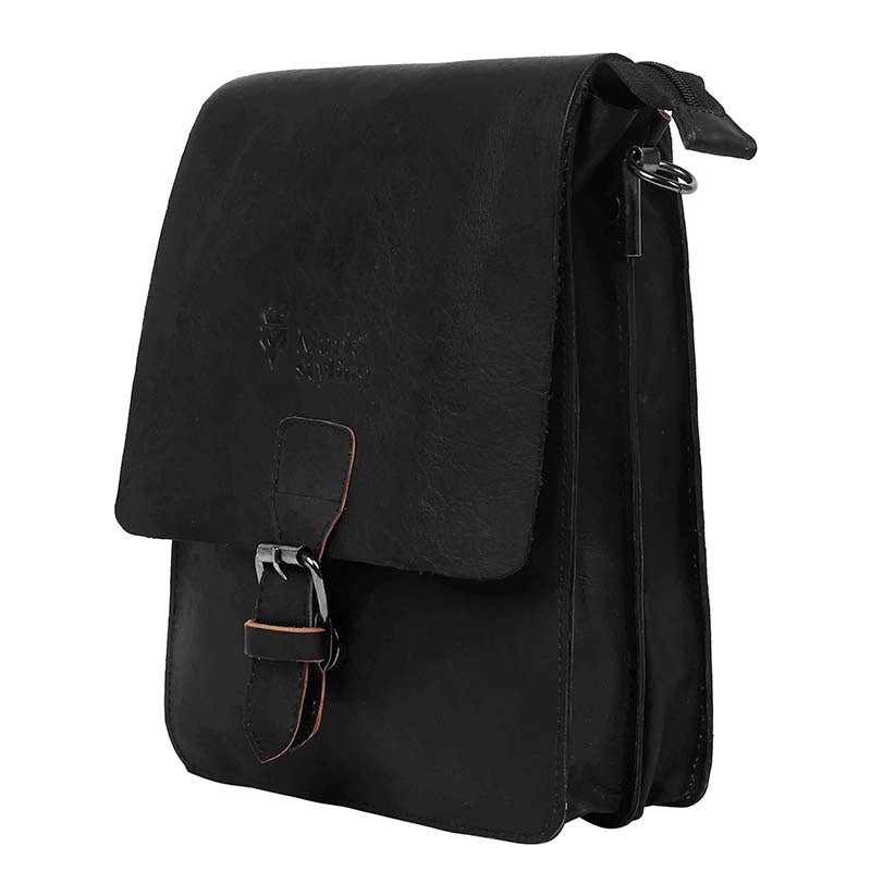 MarkStyling – Vintage Black Leather Sling with Front Buckle Flap Closure
