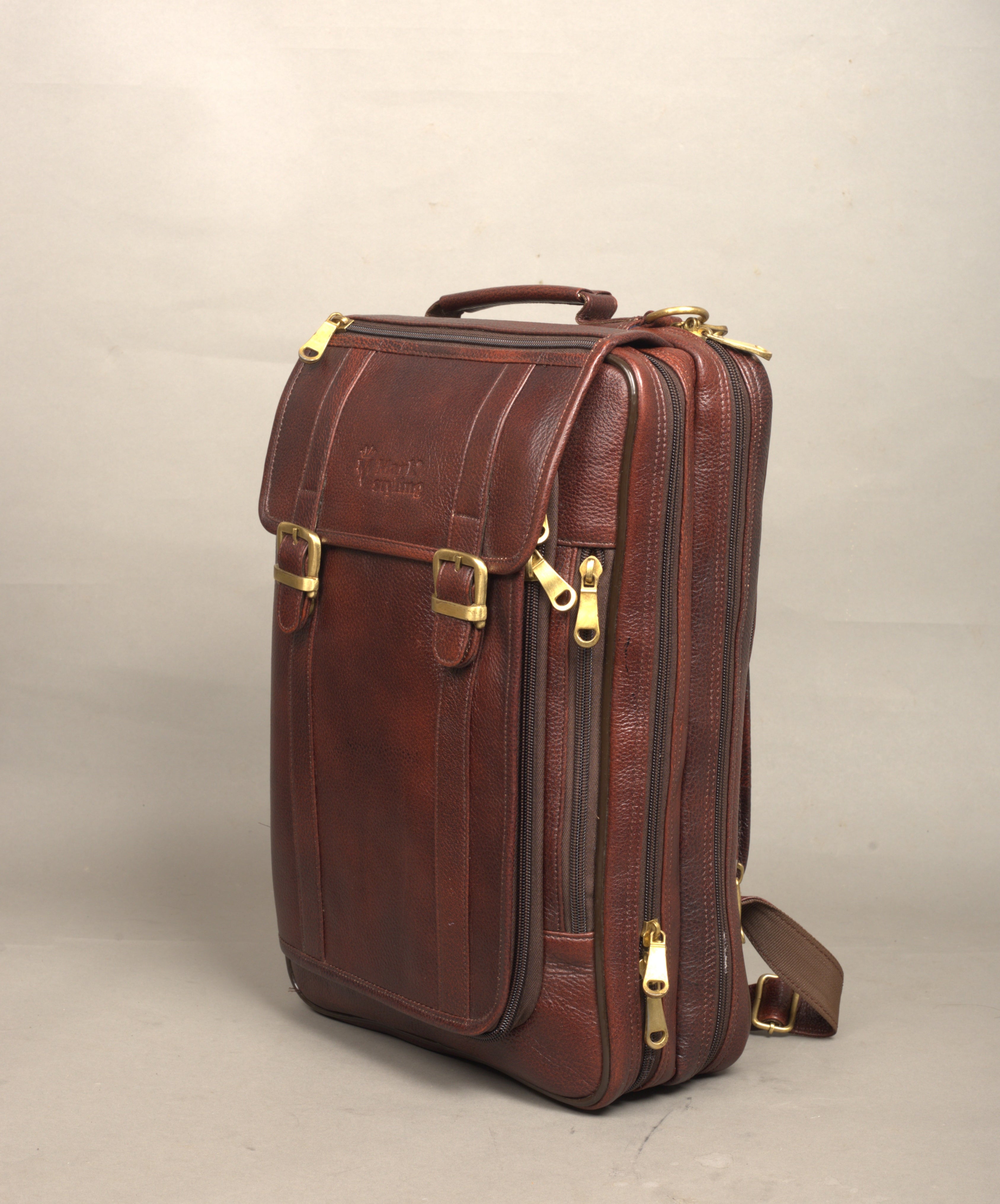 MarkStyling – Vintage Brown Leather Backpack with Dual Buckle Flap