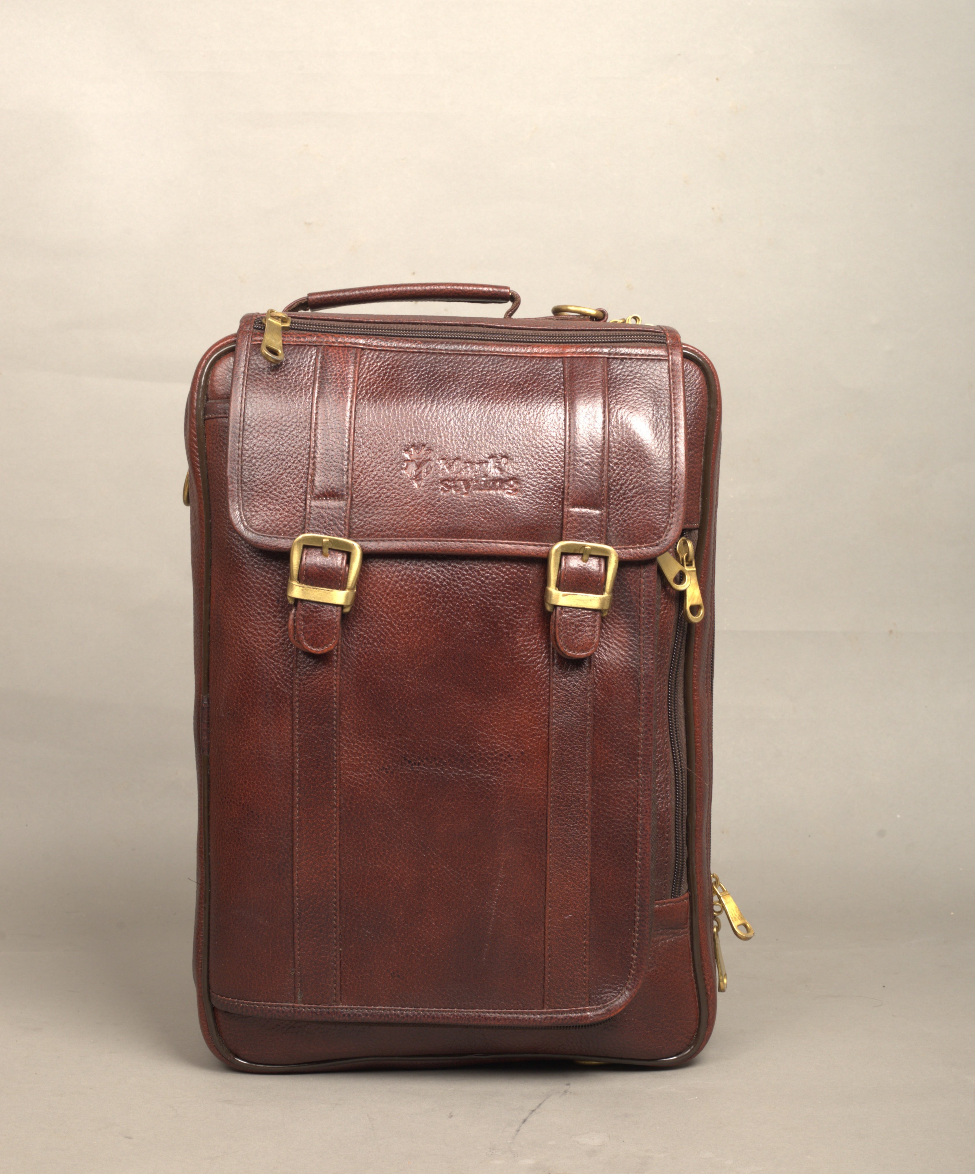 MarkStyling – Vintage Brown Leather Backpack with Dual Buckle Flap