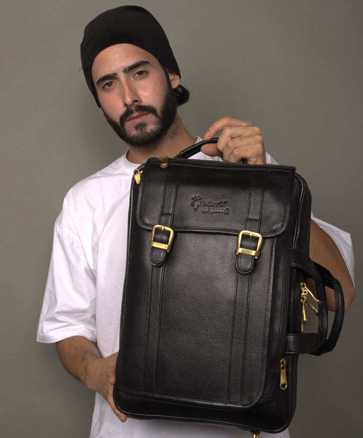 MarkStyling – Classic Black Leather Backpack with Dual Buckle Flap