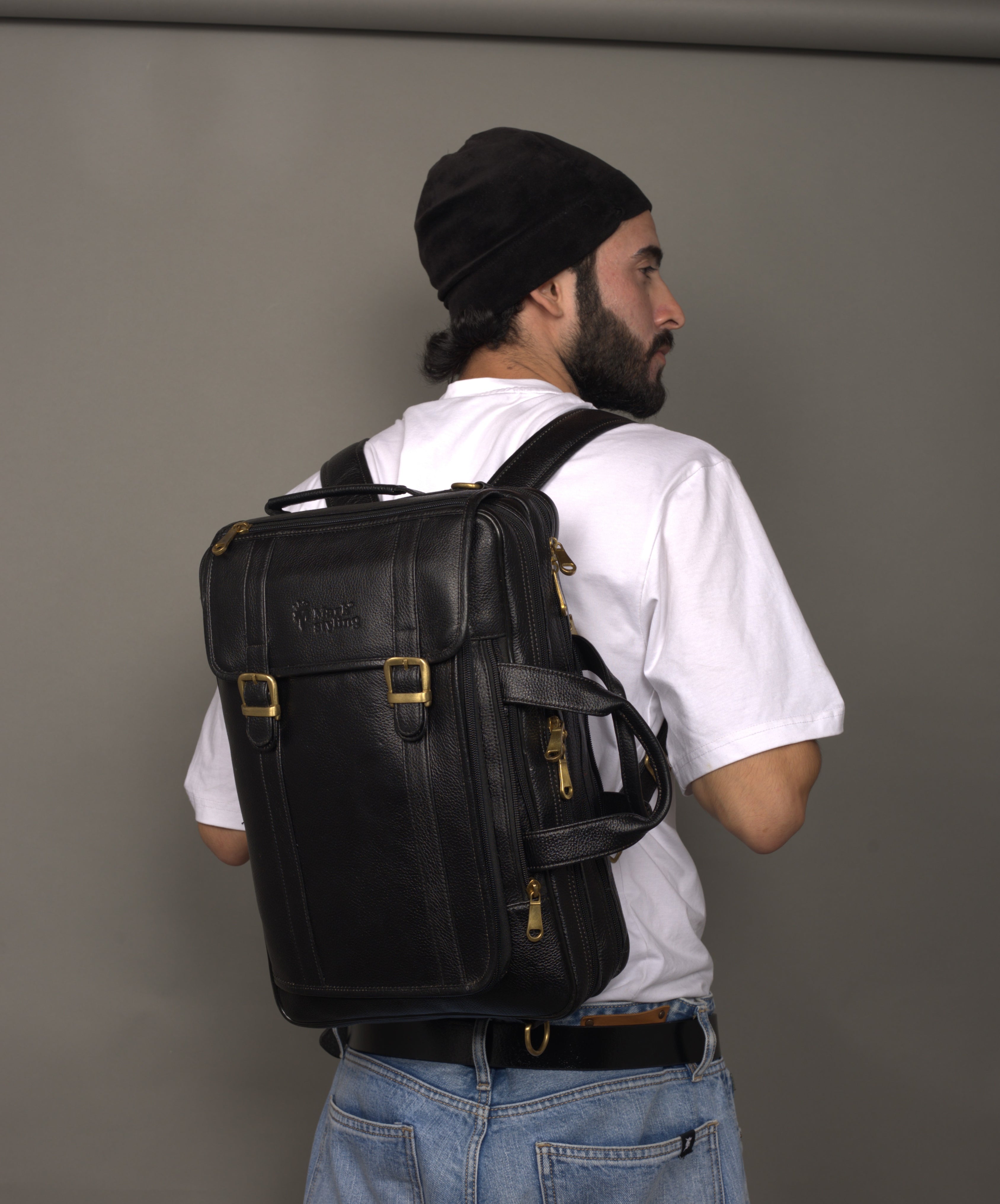 MarkStyling – Classic Black Leather Backpack with Dual Buckle Flap