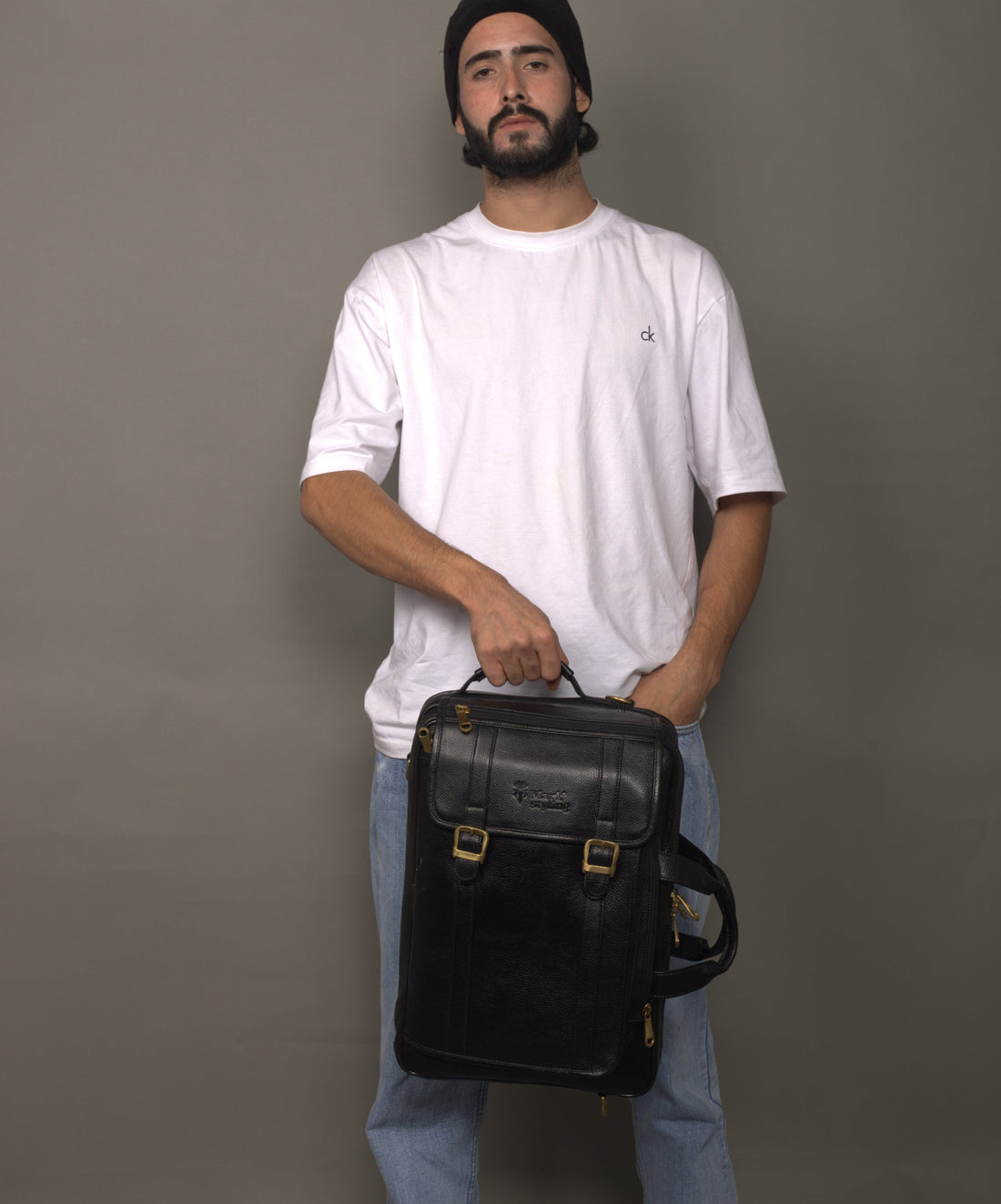 MarkStyling – Classic Black Leather Backpack with Dual Buckle Flap