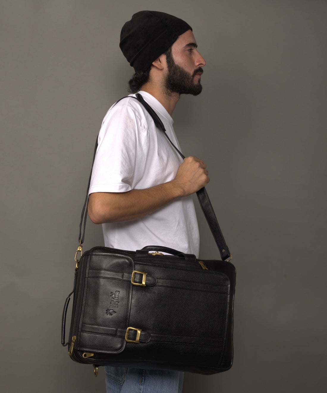 MarkStyling – Classic Black Leather Backpack with Dual Buckle Flap