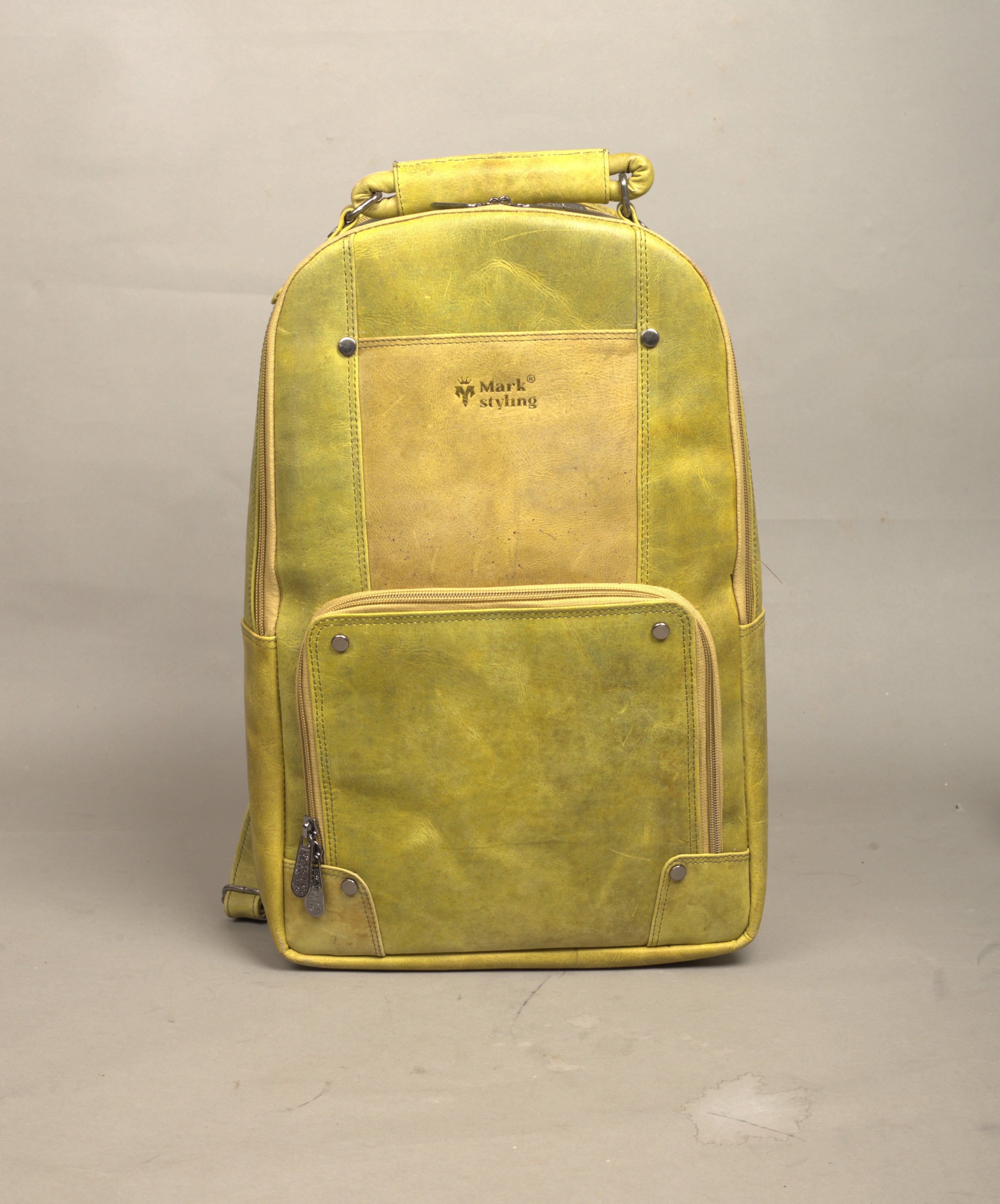 MarkStyling – Mustard Yellow Vintage Leather Backpack with Front Zip Pocket