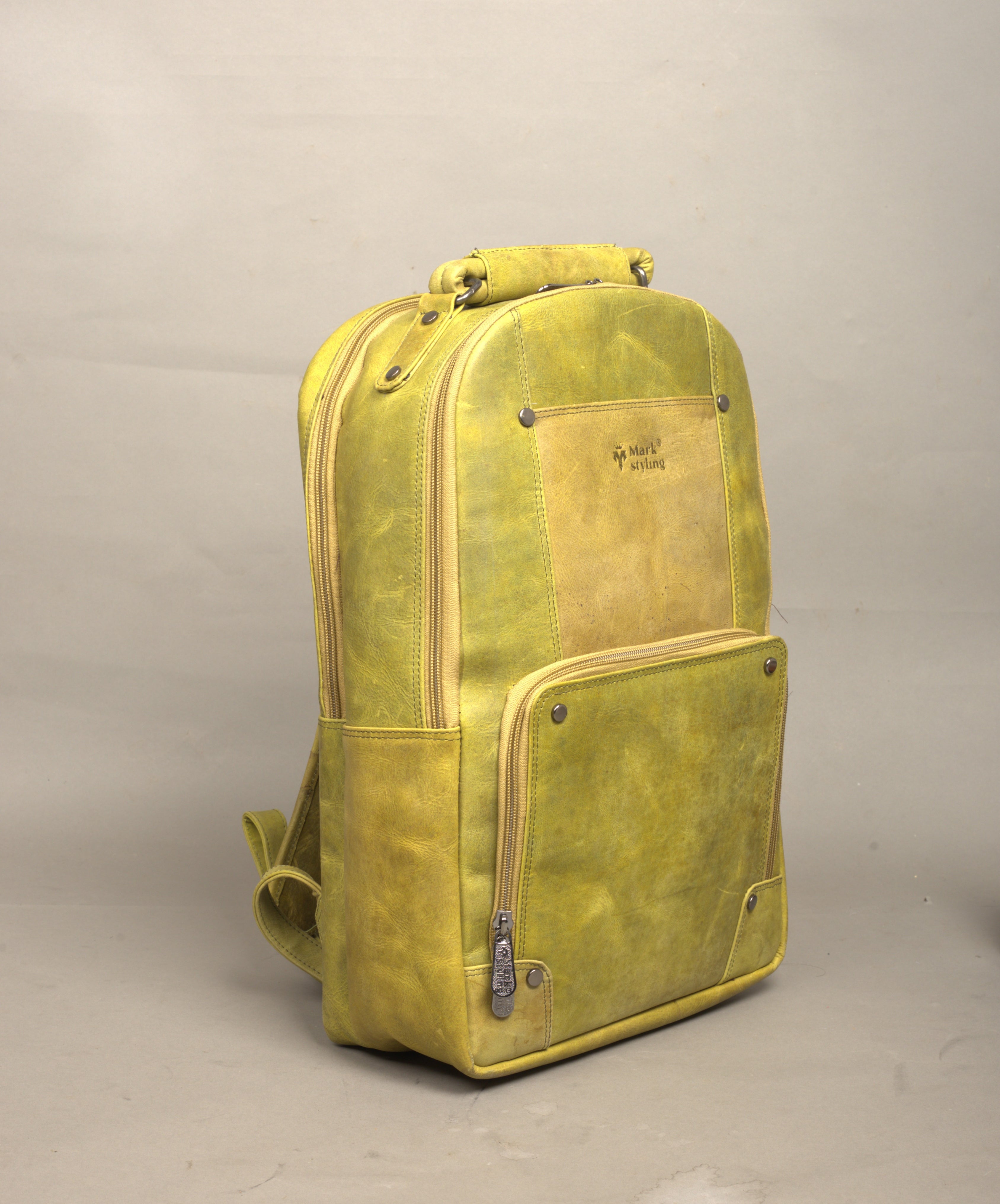 MarkStyling – Mustard Yellow Vintage Leather Backpack with Front Zip Pocket