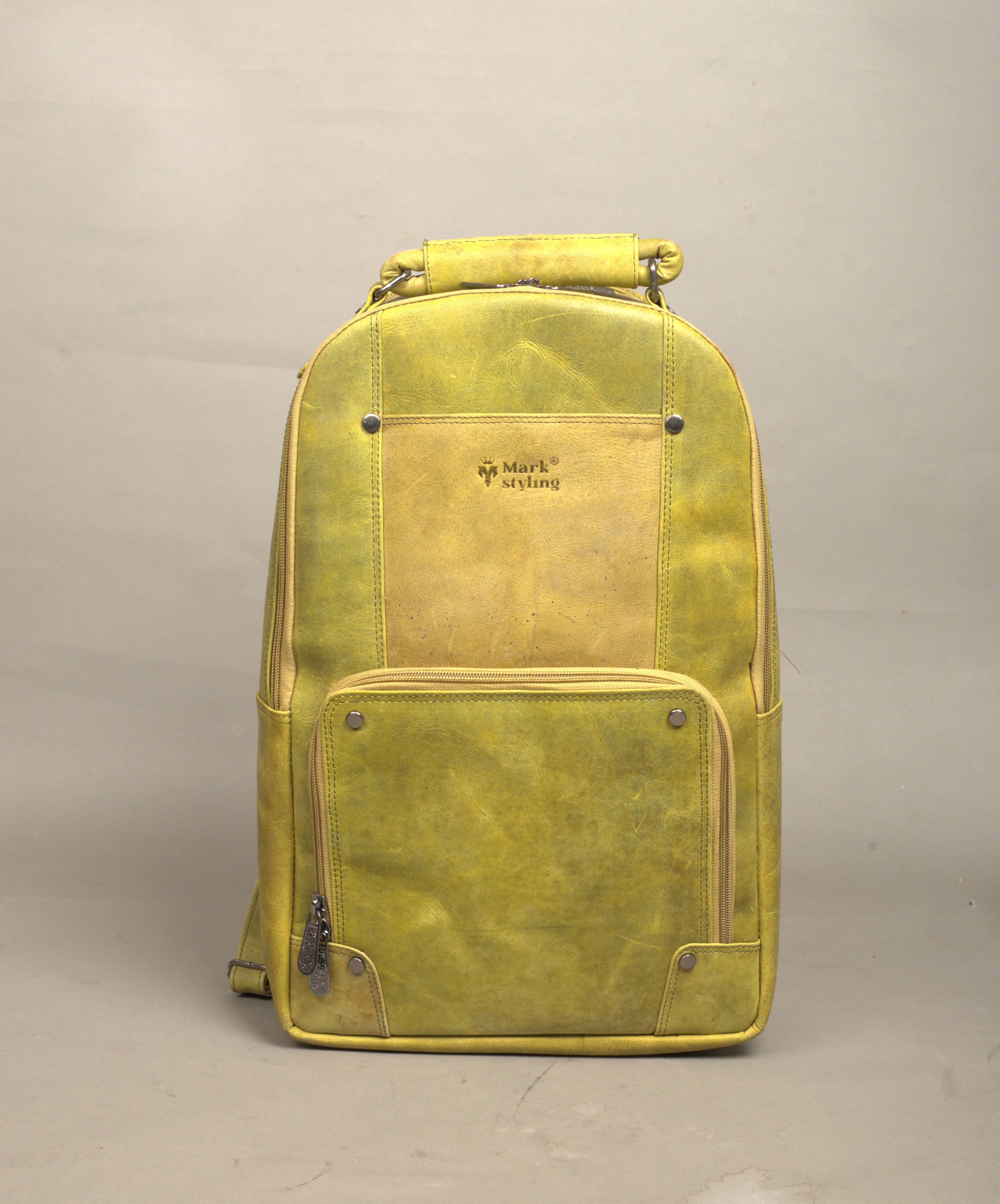 MarkStyling – Mustard Yellow Vintage Leather Backpack with Front Zip Pocket