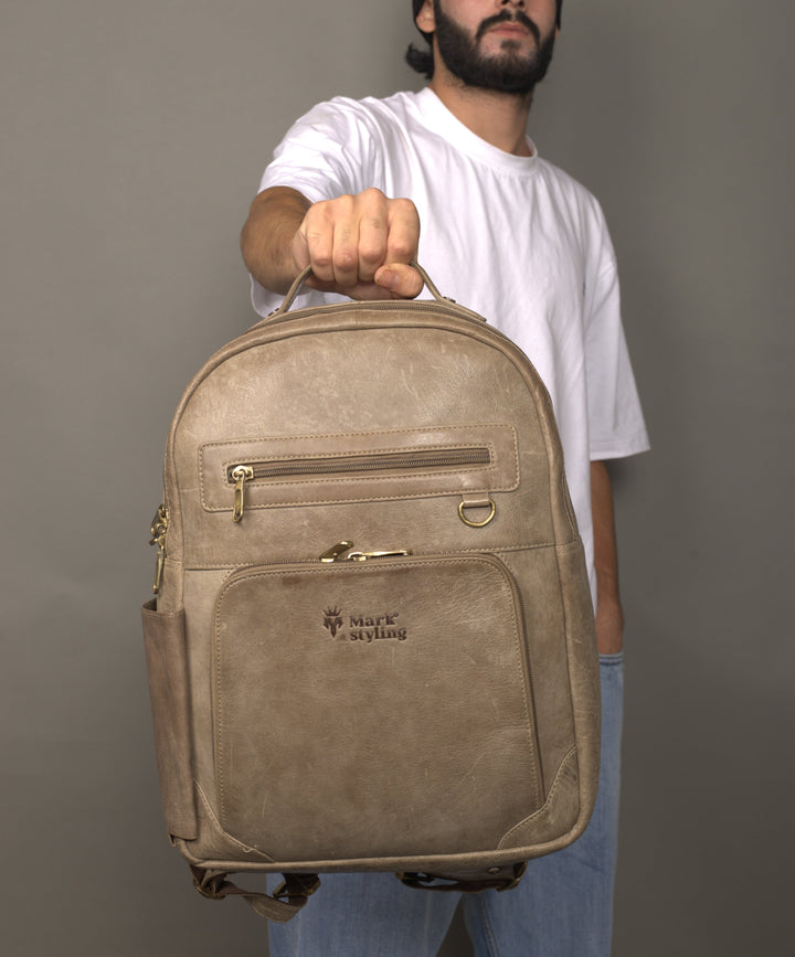MarkStyling – Taupe Leather Backpack with Dual Zip Compartments and Side Pocket