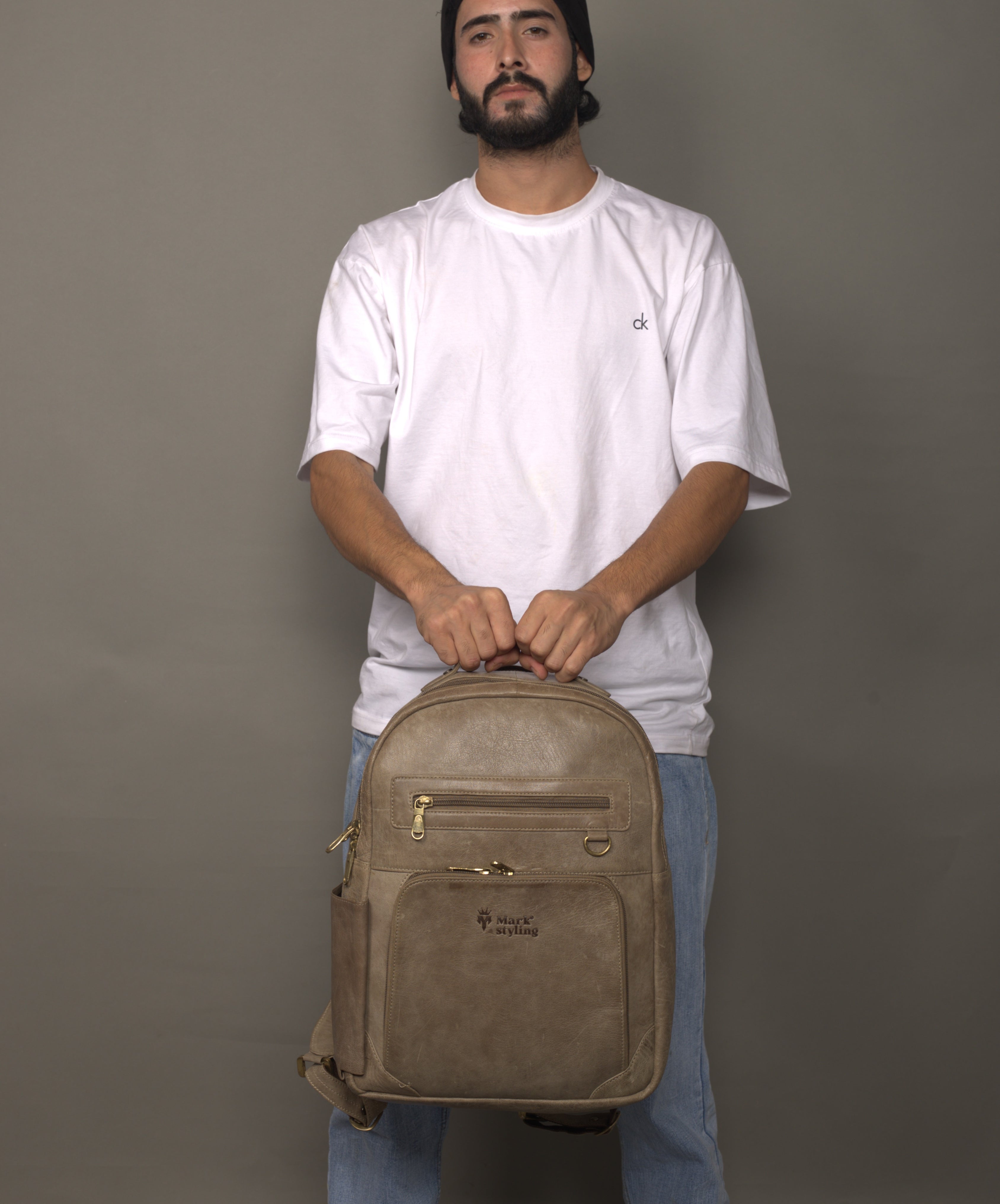 MarkStyling – Taupe Leather Backpack with Dual Zip Compartments and Side Pocket