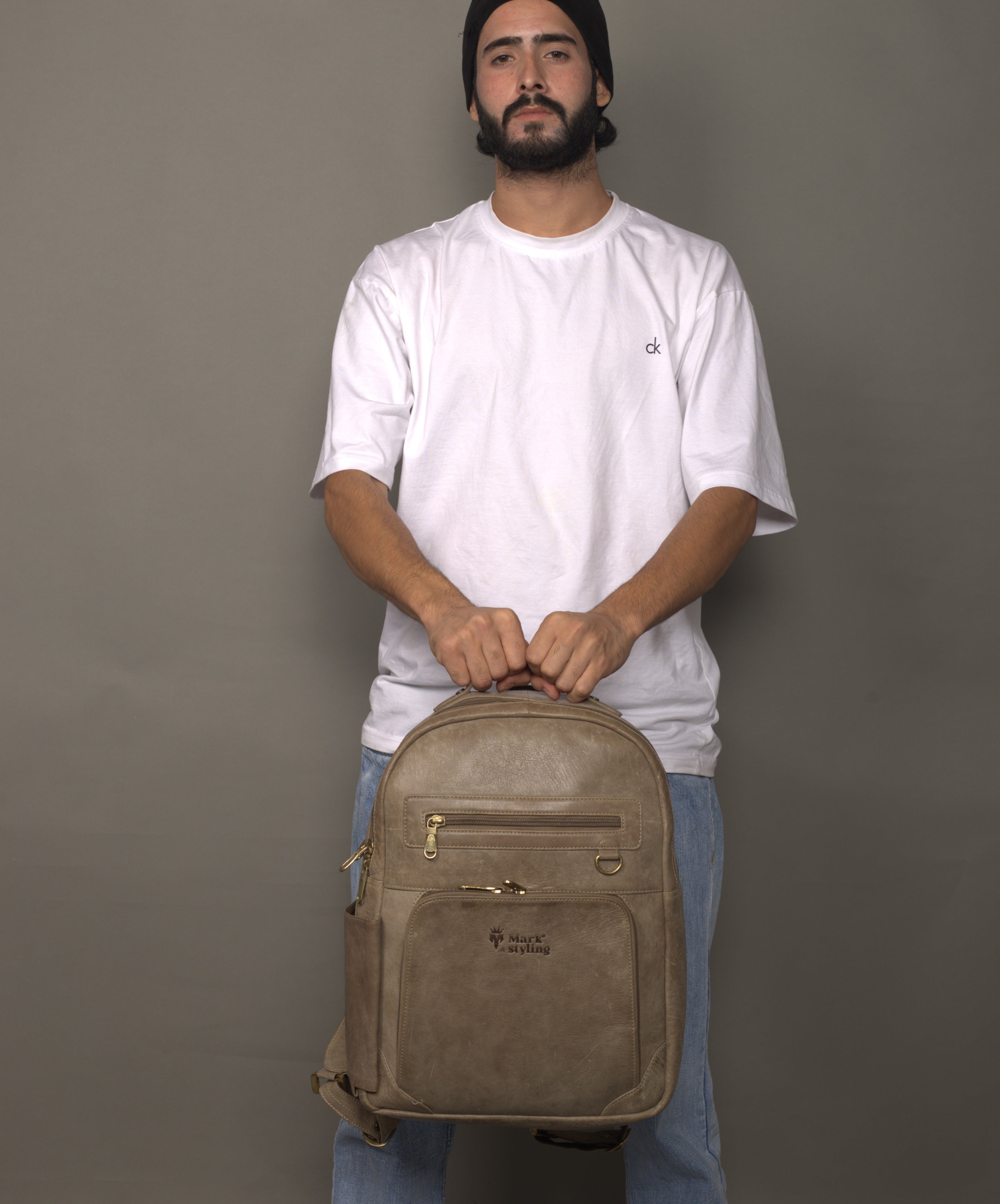 MarkStyling – Taupe Leather Backpack with Dual Zip Compartments and Side Pocket