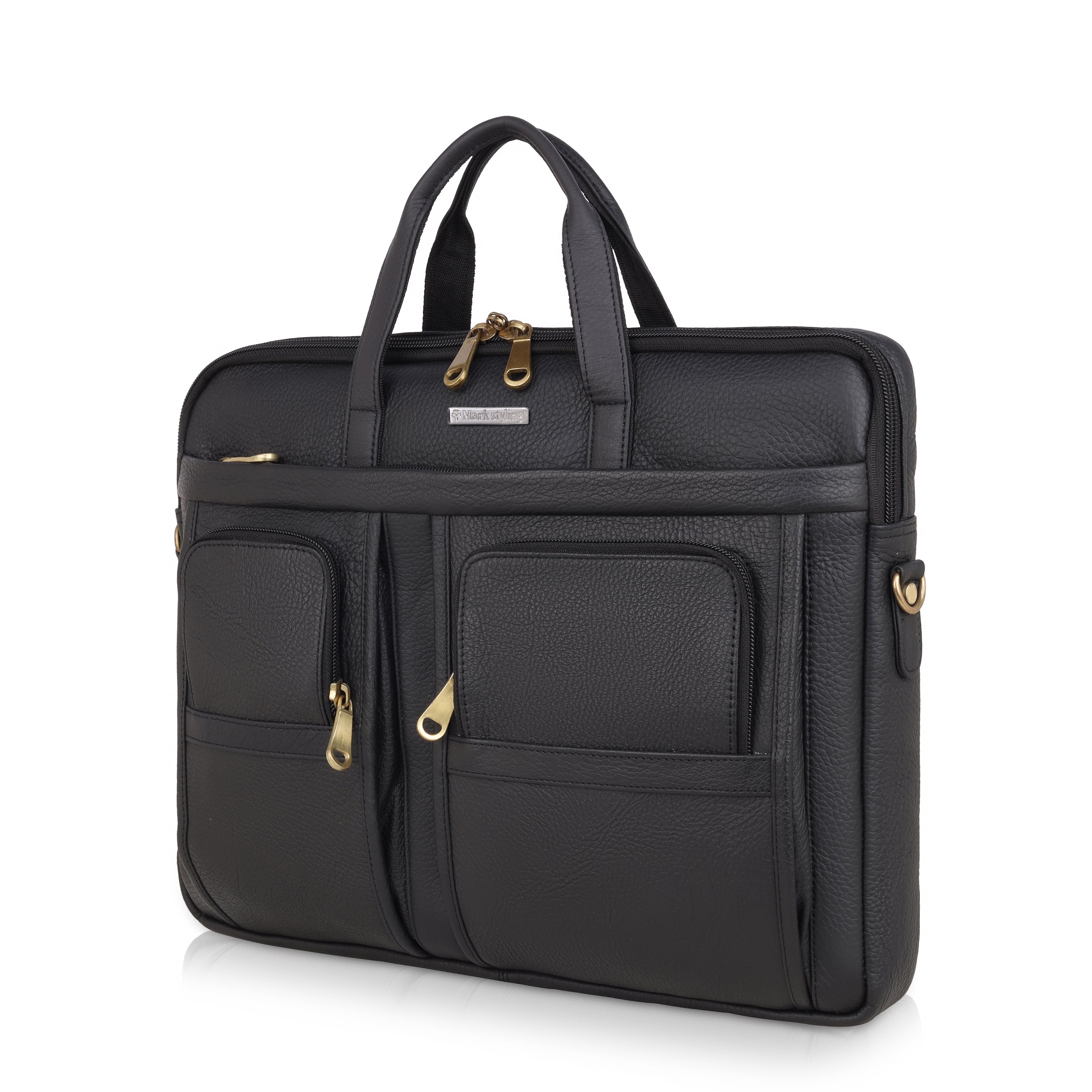 MarkStyling – Sleek Black Leather Laptop Bag with Dual Front Pockets