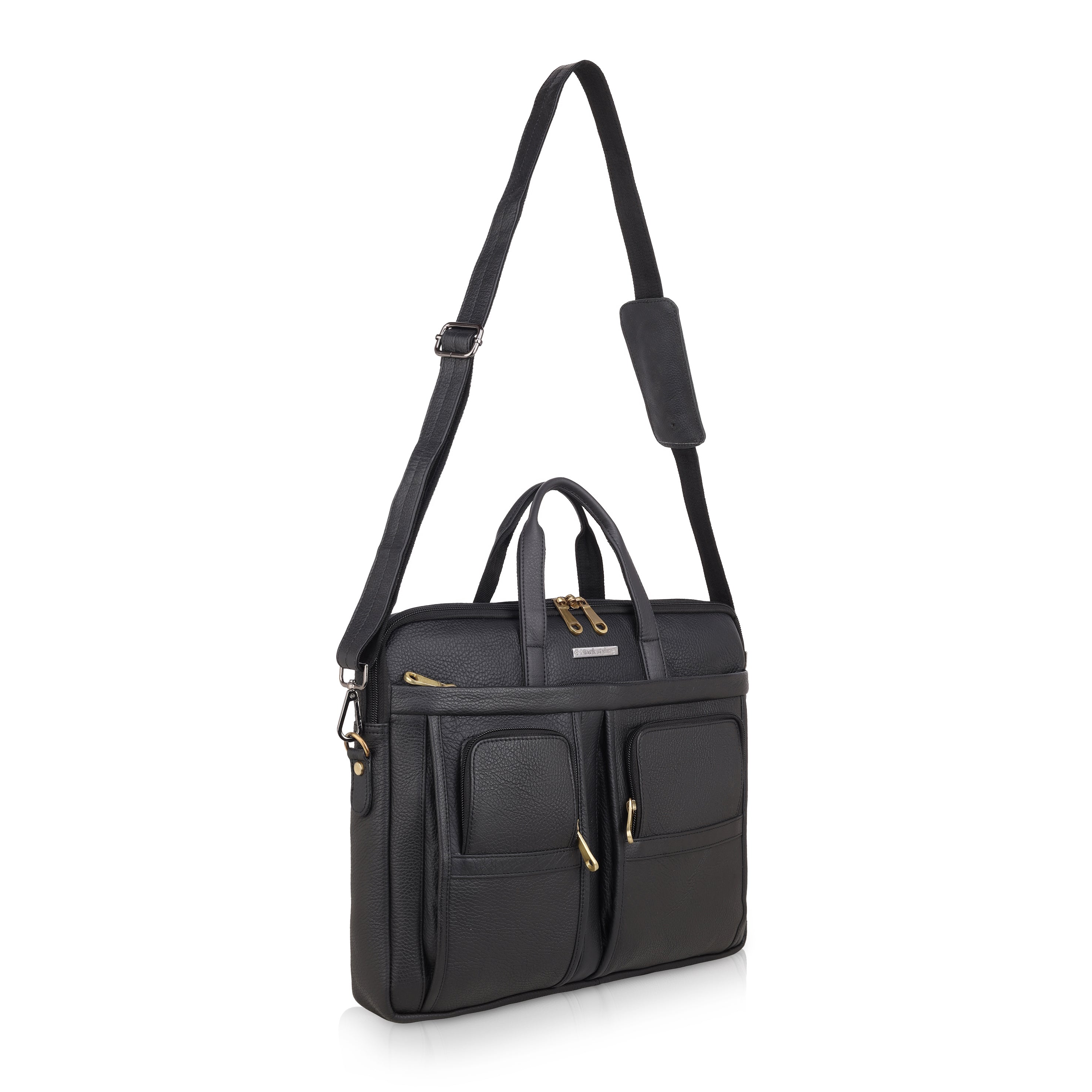 MarkStyling – Sleek Black Leather Laptop Bag with Dual Front Pockets