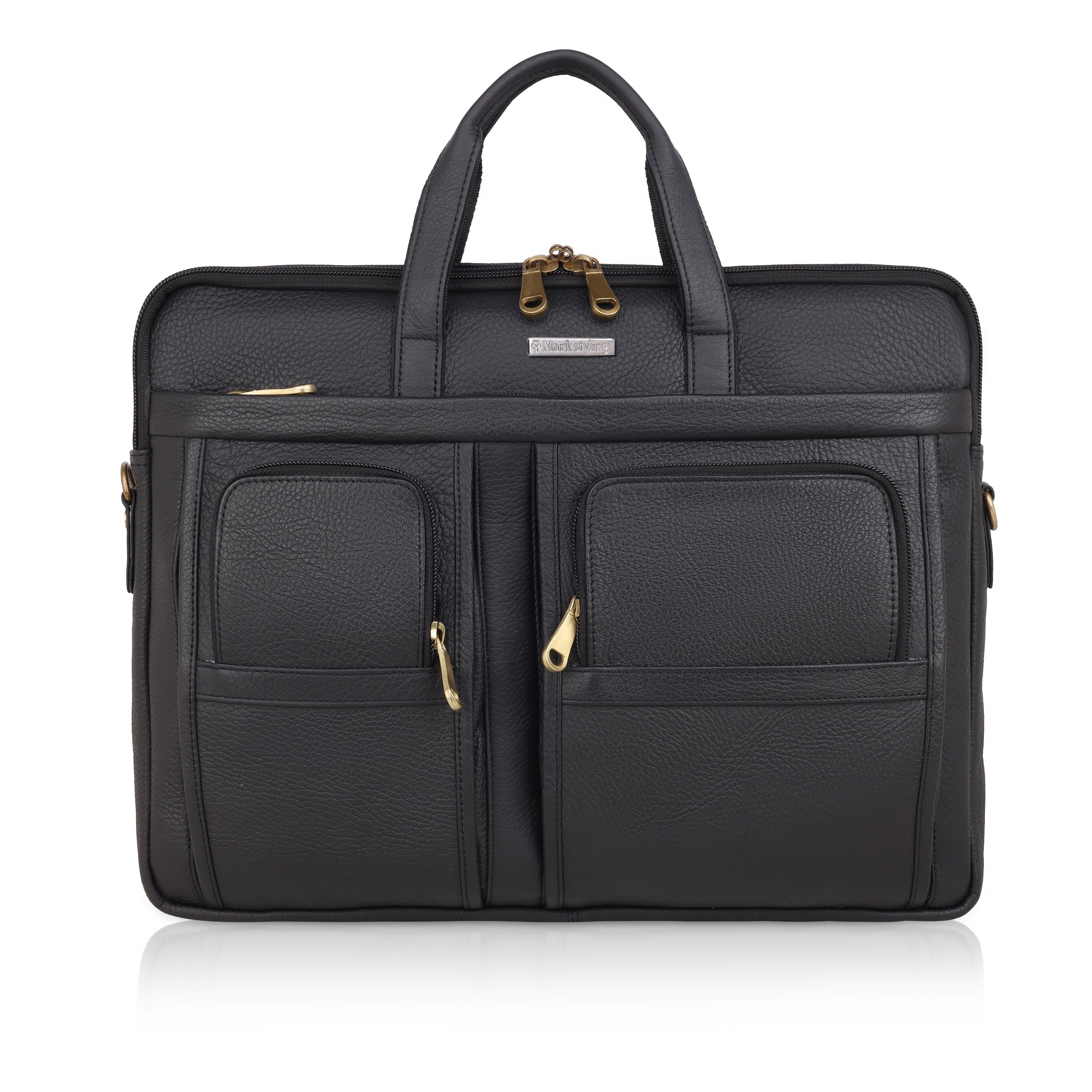 MarkStyling – Sleek Black Leather Laptop Bag with Dual Front Pockets